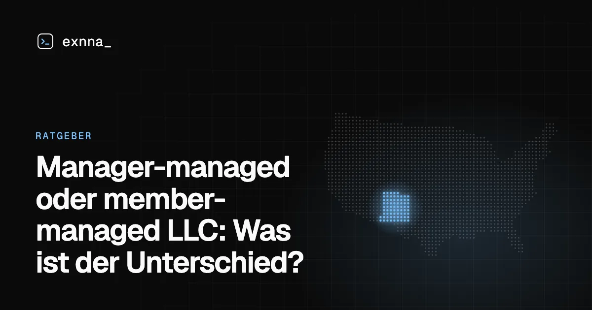 Manager-managed oder member-managed LLC: Was ist der Unterschied? Manager-managed oder member-managed LLC: Was ist der Unterschied?: Titelbild des EXNNA-Ratgebers, New Mexico hervorgehoben auf einer Punktkarte der USA